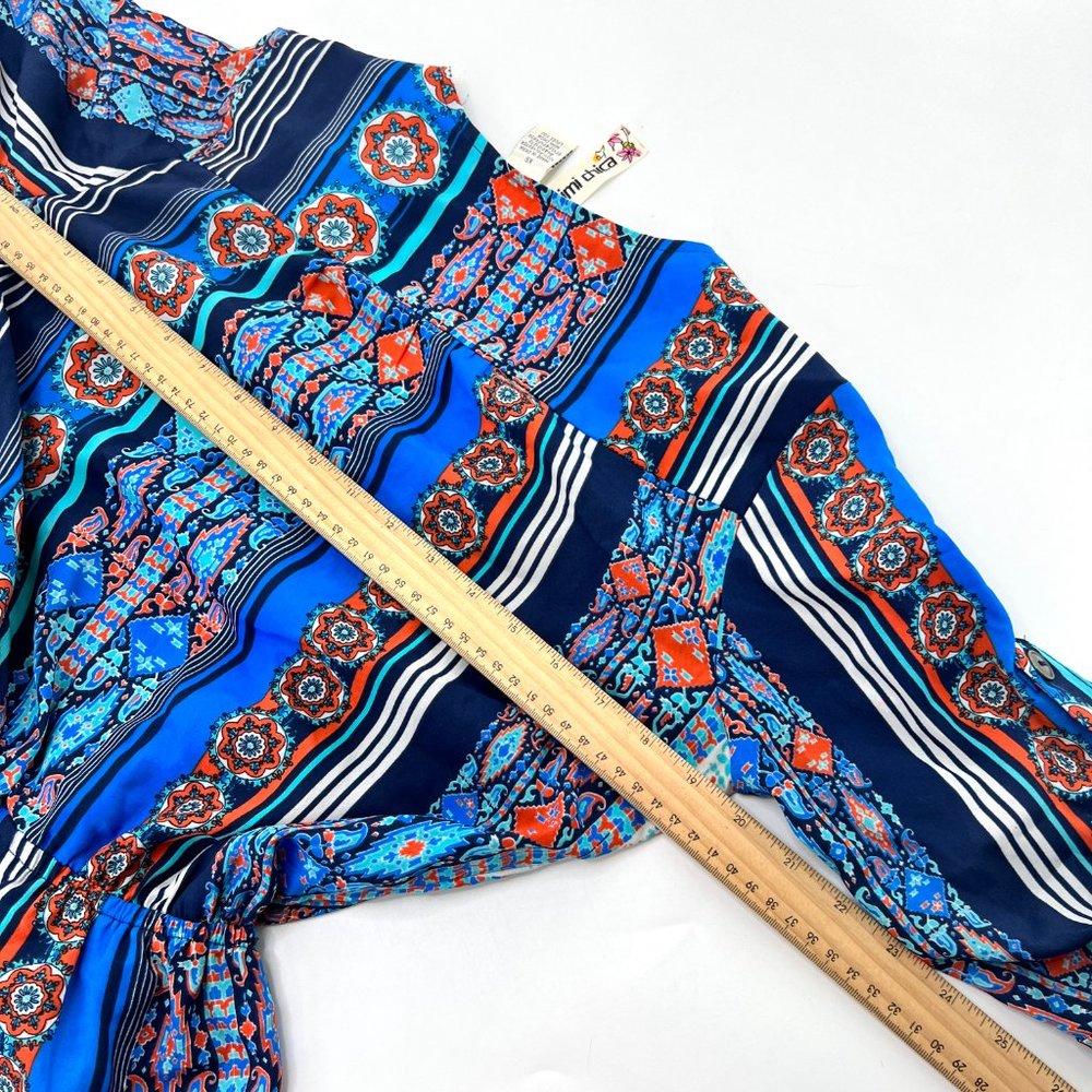 Mimi Chica Women XS Blue Romper Floral Button Up Front Waist Tie Roll Tab Sleeve - Picture 5 of 5